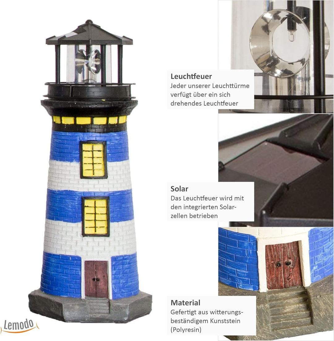NATIV LEMODO Gartendeko Leuchtturm 83cm hoch | Handbemalte Gartenfigur mit solarbetriebenem, rotiere