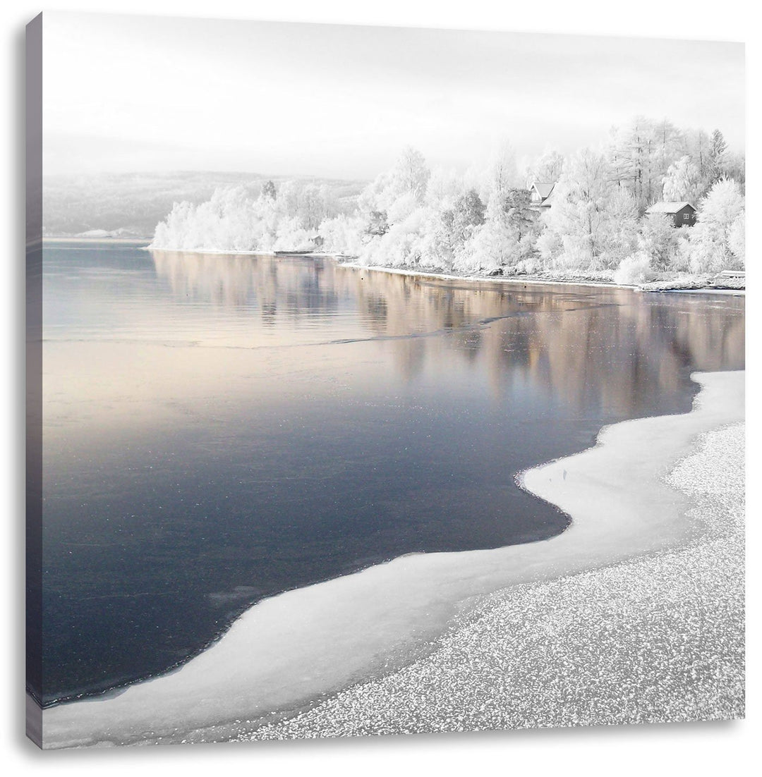 Pixxprint Traumhafte Winterlandschaft Wald Schnee schwarz/weiss, Format: 70x70 auf Leinwand, 70x70