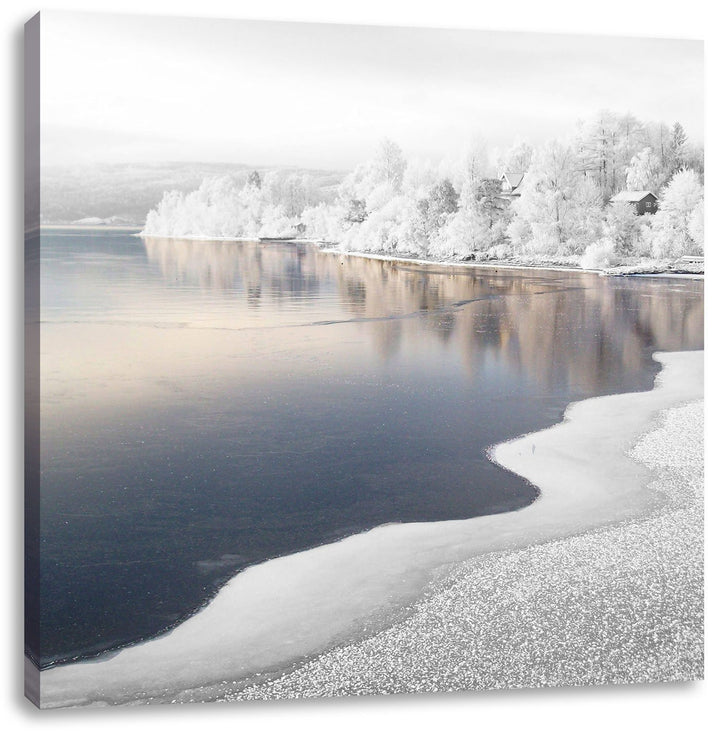 Pixxprint Traumhafte Winterlandschaft Wald Schnee schwarz/weiss, Format: 70x70 auf Leinwand, 70x70
