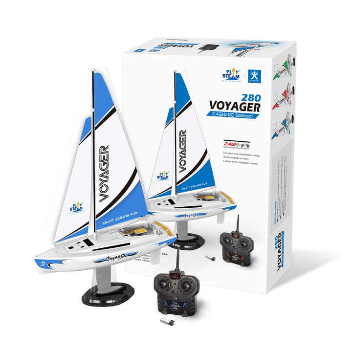 PLAYSTEAM Voyager 280 RC Controlled Wind Powered Sailboat in Blue - 14" Tall