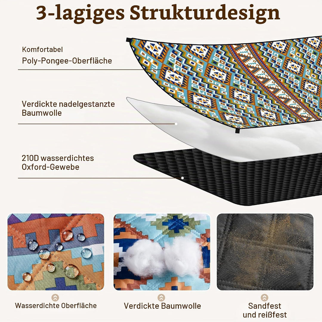 Gucass Boho Picknickdecke 150x200cm, Wasserdicht Stranddecke Sandfrei Strandmatte mit Tragegurt &amp; 4X