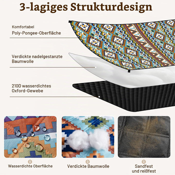 Gucass Boho Picknickdecke 150x200cm, Wasserdicht Stranddecke Sandfrei Strandmatte mit Tragegurt &amp; 4X