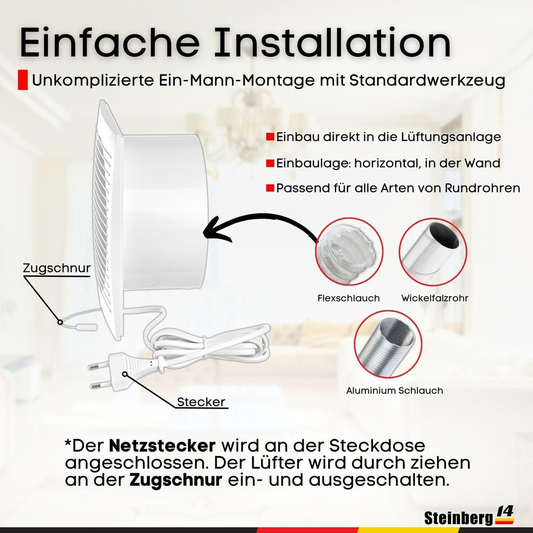 Steinberg14 Badlüfter Ø 150mm Weiss mit Zugschnur und Stecker - Abluftventilator Ventilator Lüfter B
