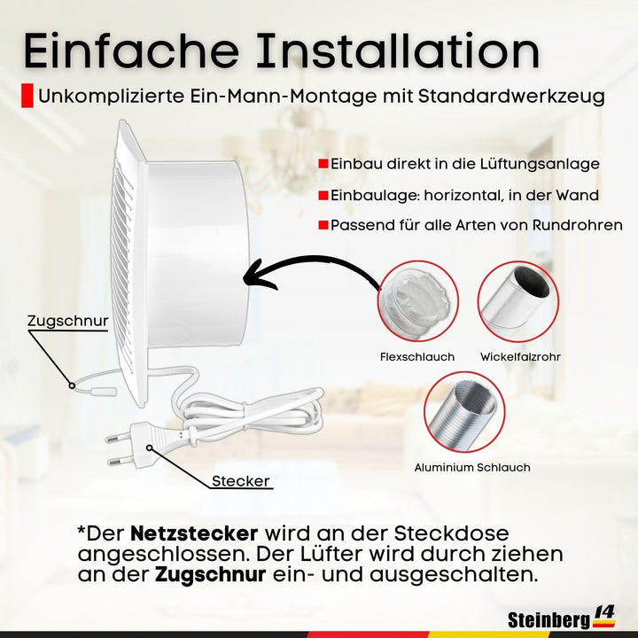 Steinberg14 Badlüfter Ø 150mm Weiss mit Zugschnur und Stecker - Abluftventilator Ventilator Lüfter B