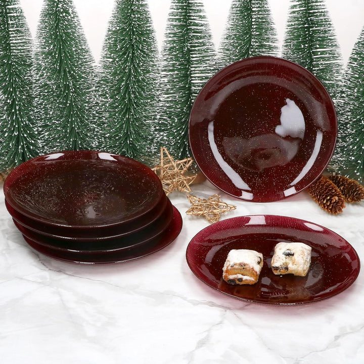 MamboCat 6er Set Suez Kuchenteller I Ø21,2cm I Dunkelroter Dessertteller aus Glas mit Relief & Glitz