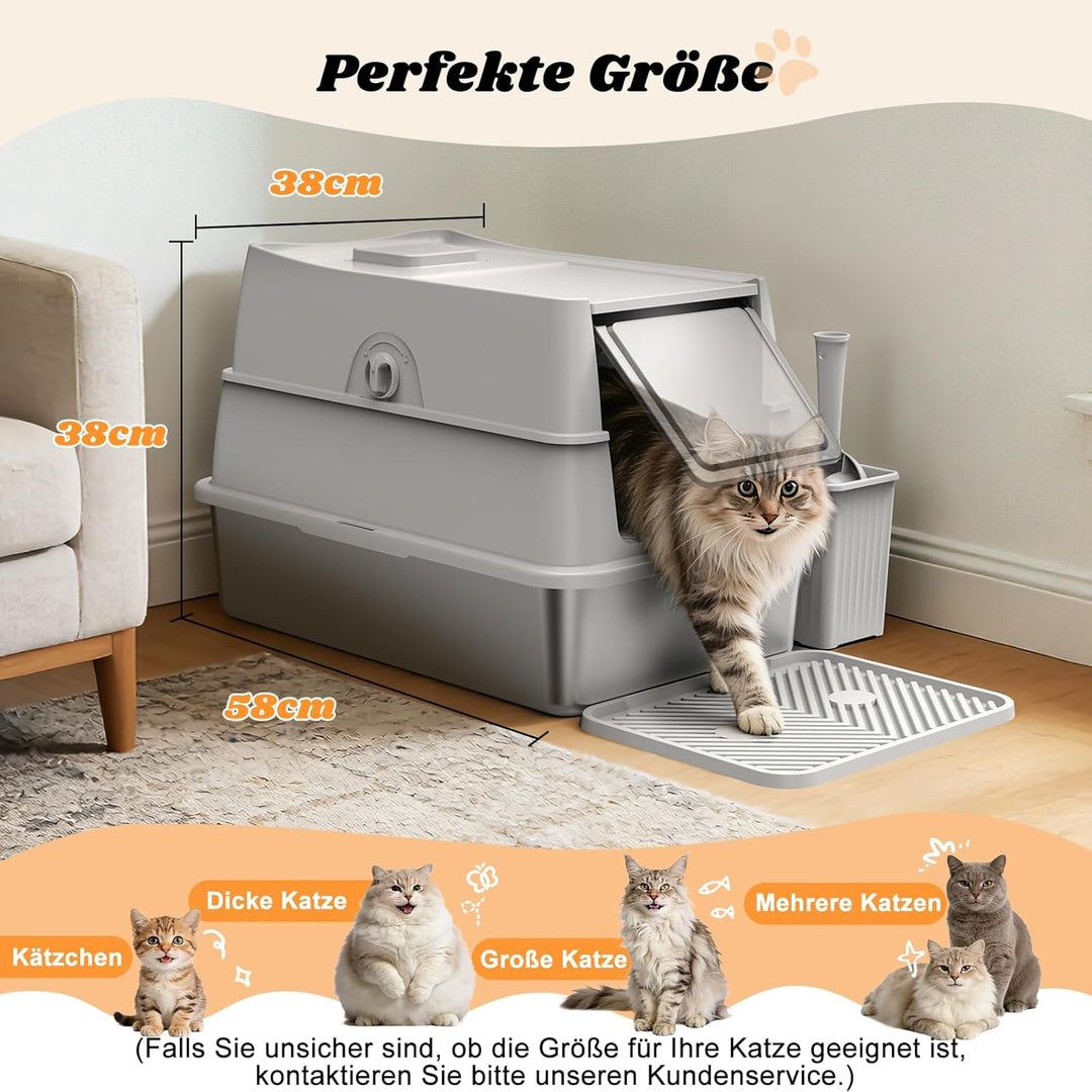FURTIME Katzenklo Edelstahl, Katzentoilette Edelstahl mit Deckel Grosse XL, Geschlossene Metall Katz