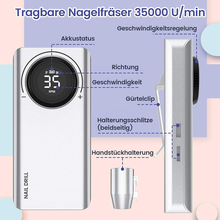 Delanie Nagelfräser Akku, Maniküre Set Elektrische Nagelfeile 35000 U/Min, Delanie Nagelfräser Für G