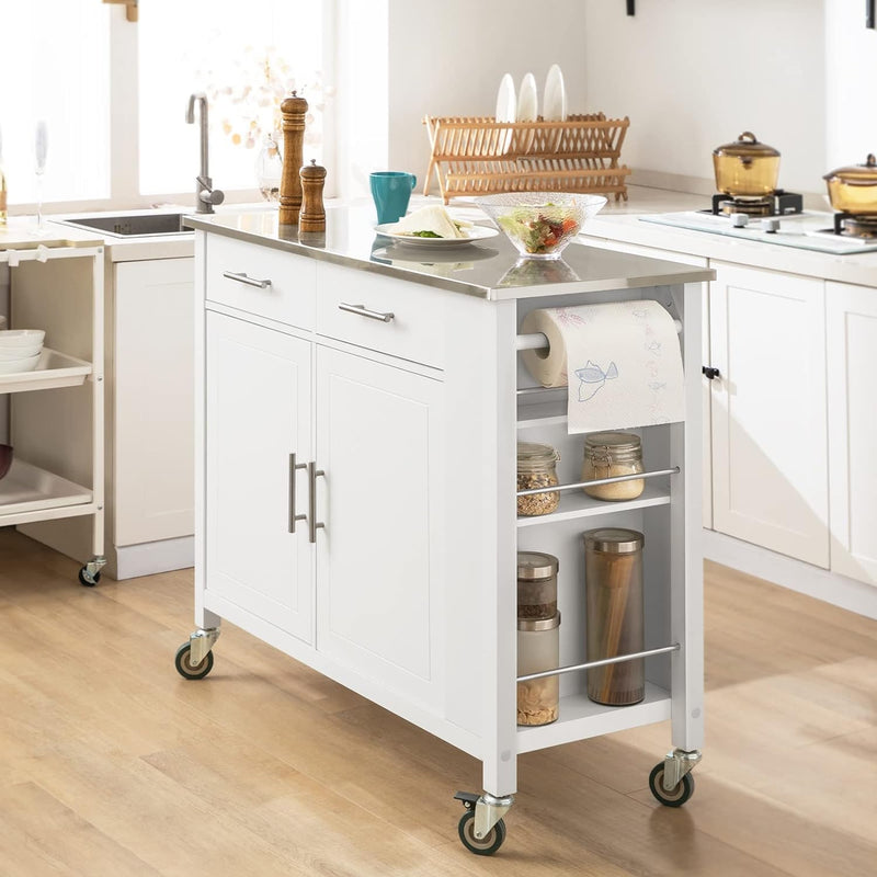 SoBuy FKW108-W Design Küchenwagen mit Edelstahlplatte Kücheninsel mit Seitenregal Küchenschrank Roll