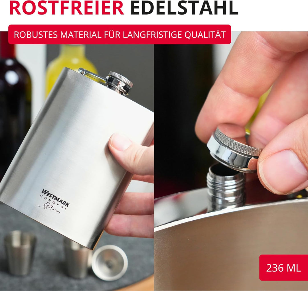 Westmark Flachmann Delano – kleine Taschenflasche mit Trichter, Trinkbehälter für Drinks unterwegs,