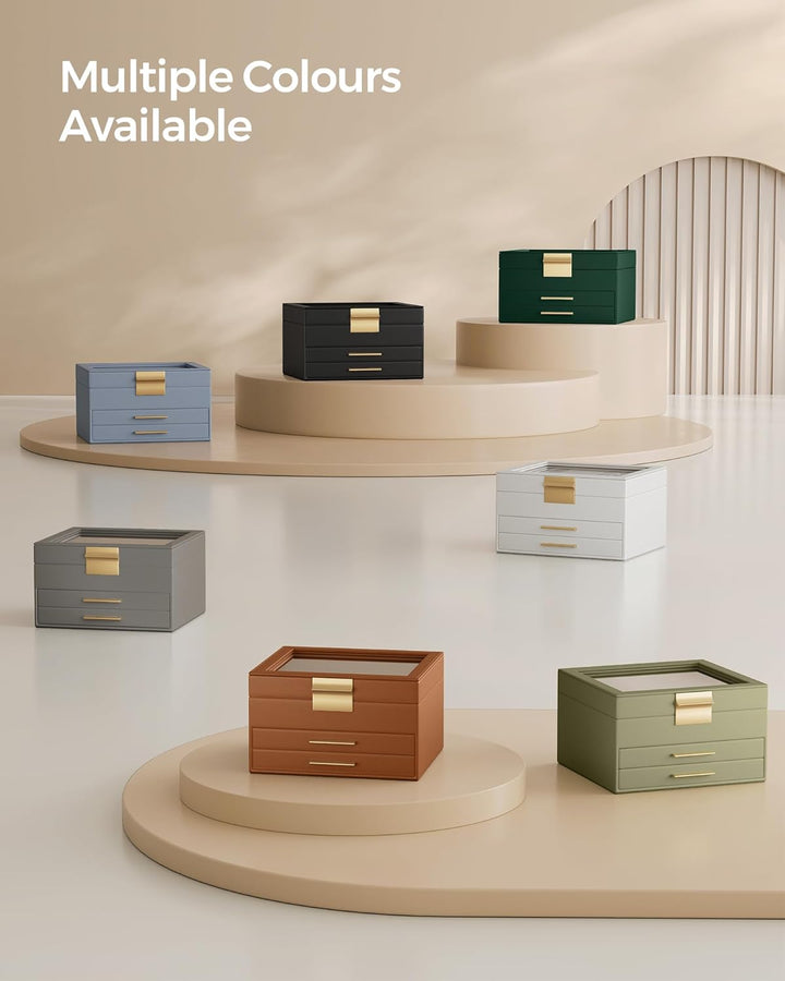 SONGMICS Schmuckkästchen mit Glasdeckel Schmuckkasten mit 3 Ebenen, Schmuckbox mit 2 Schubladen, Sch