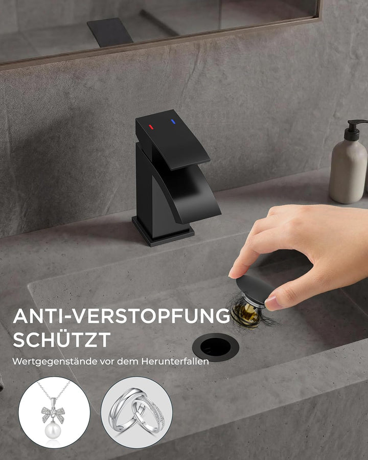 FORIOUS Wasserhahn Bad Schwarz mit Ablaufgarnitur, Wasserfall Waschtischarmatur mit Auslauf Höhe 60