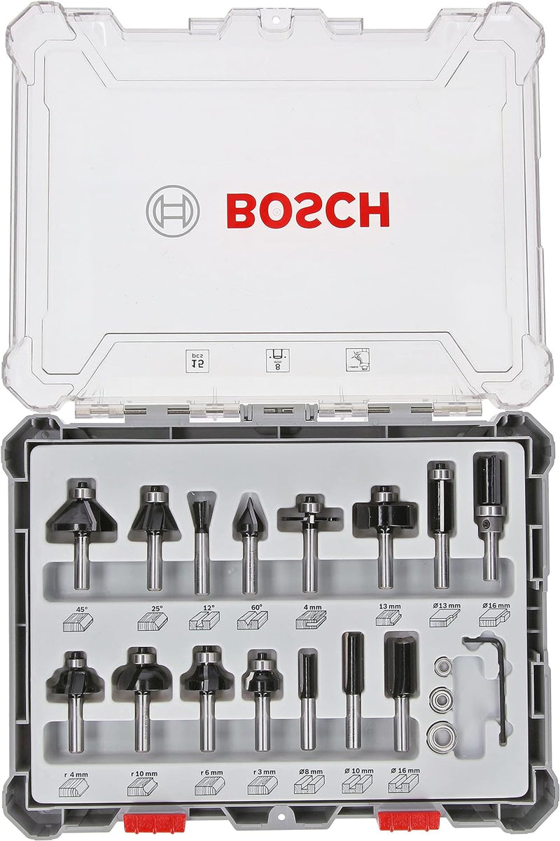 Bosch Accessories 15tlg. Fräser Set (für Holz, Zubehör für Oberfräsen mit 8 mm Schaft) Fräser Set 15