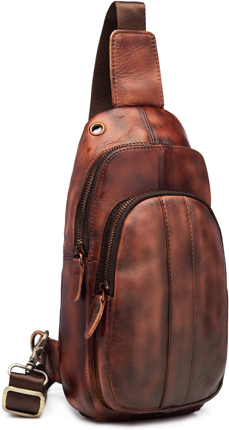 Le'aokuu Herren Echtes Leder Brusttasche Crossbody Bag Sling Bag Schultertasche Gurteltasche Umhänge