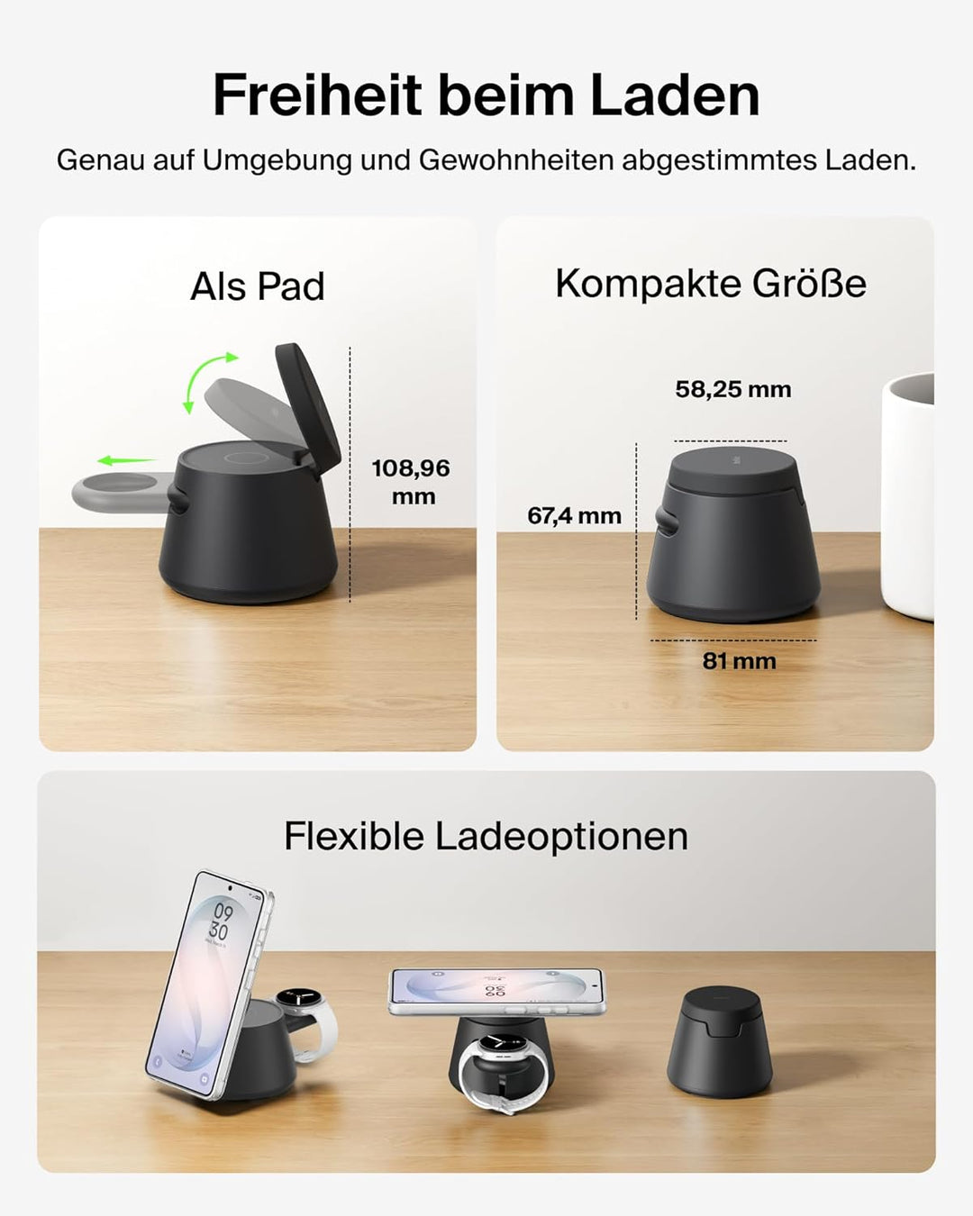 Belkin UltraCharge 3 in 1 Ladegerät, USB C Port für Smartwatch, Qi2.2 Wireless Charger, Induktive La