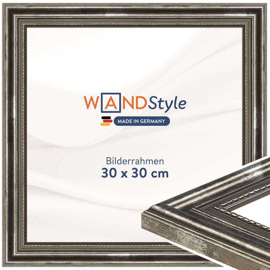 WANDStyle Bilderrahmen Antik 30x30cm I Farbe: Silber I Holzbilderrahmen I Fotorahmen I Silberner Bar
