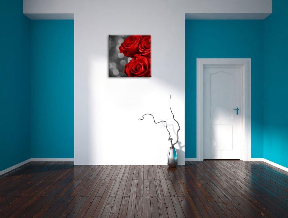 Pixxprint DREI rote Rosen / 70x70cm Leinwandbild bespannt auf Holzrahmen/Wandbild Kunstdruck Dekorat