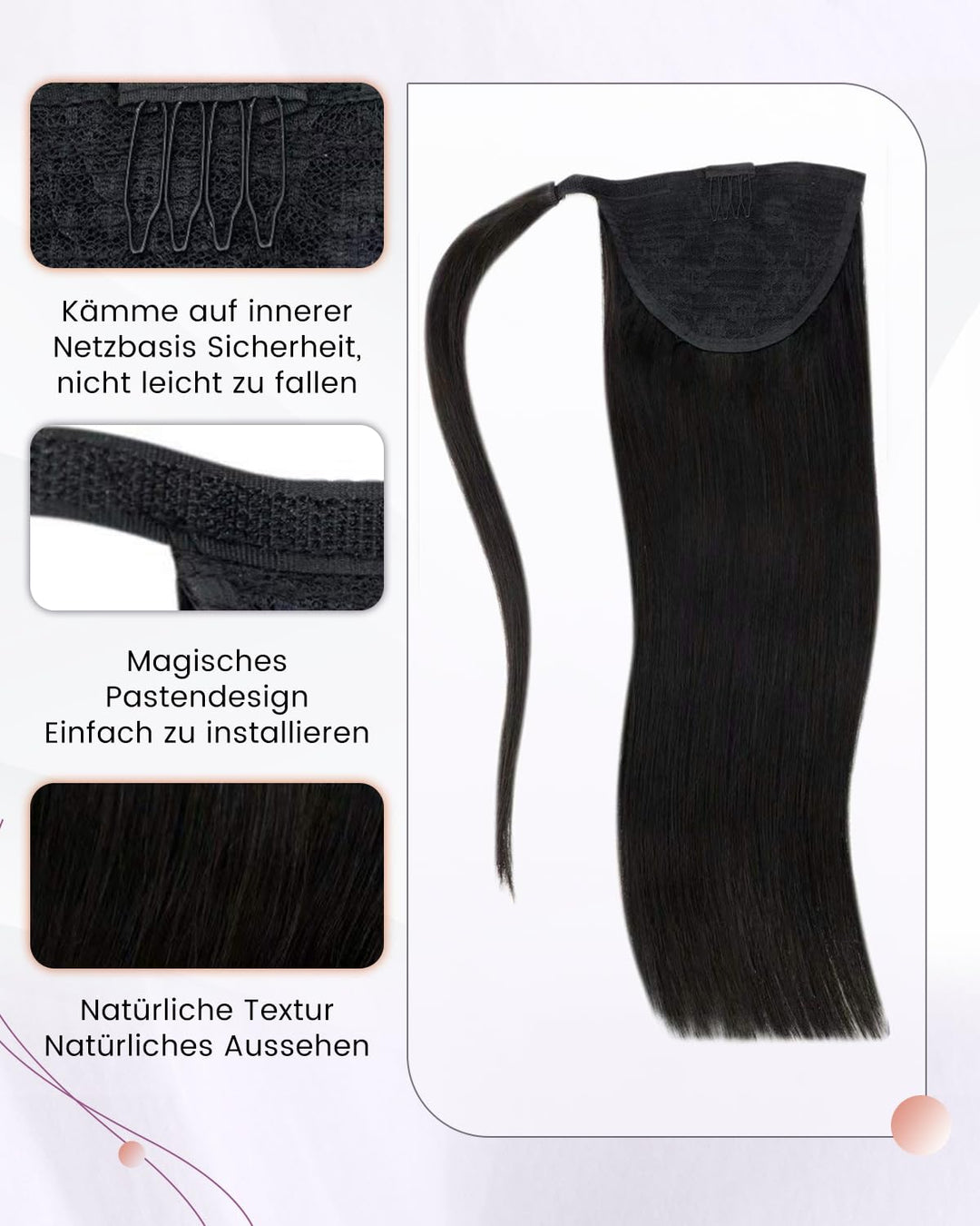 LaaVoo Zopf Extension Echthaar Schwarz Echthaar Pferdeschwanz Extensions Easy Fit Ponytail Extension