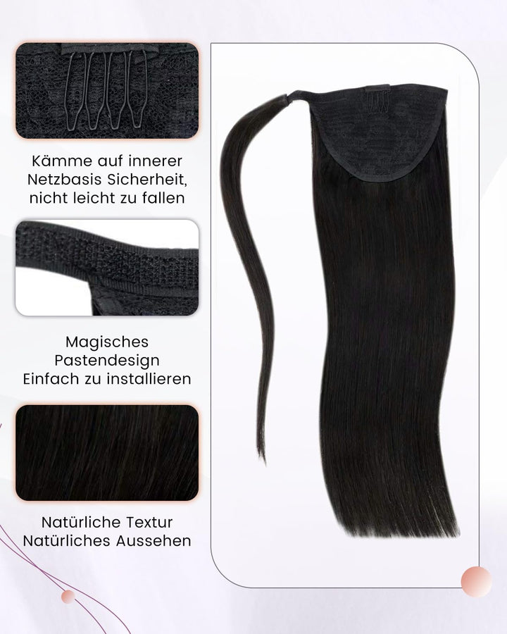 LaaVoo Zopf Extension Echthaar Schwarz Echthaar Pferdeschwanz Extensions Easy Fit Ponytail Extension