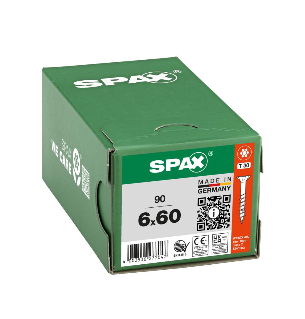 SPAX Universalschraube, 6 x 60 mm, 90 Stück, Teilgewinde, Senkkopf, T-STAR plus T30, 4CUT, WIROX A9J