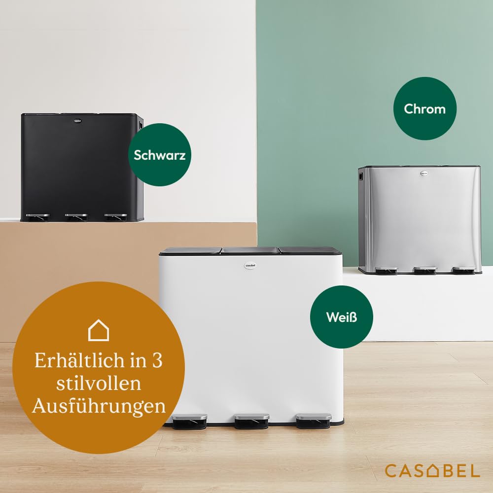 CASABEL Mülleimer Küche 60 L - Mülltrennsystem 3 x 20 L aus Rostfreiem Edelstahl, Rechteckiger Recyc
