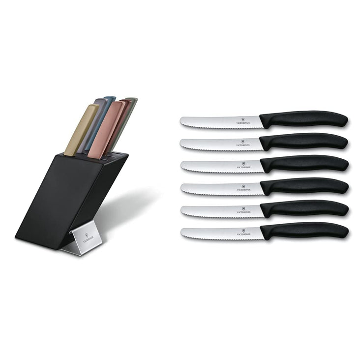 Swiss Modern Messerblock, 6-teilig, farbig, Buchenholz schwarz &amp; 6 Stück Tafelmesser - Tomatenmesser
