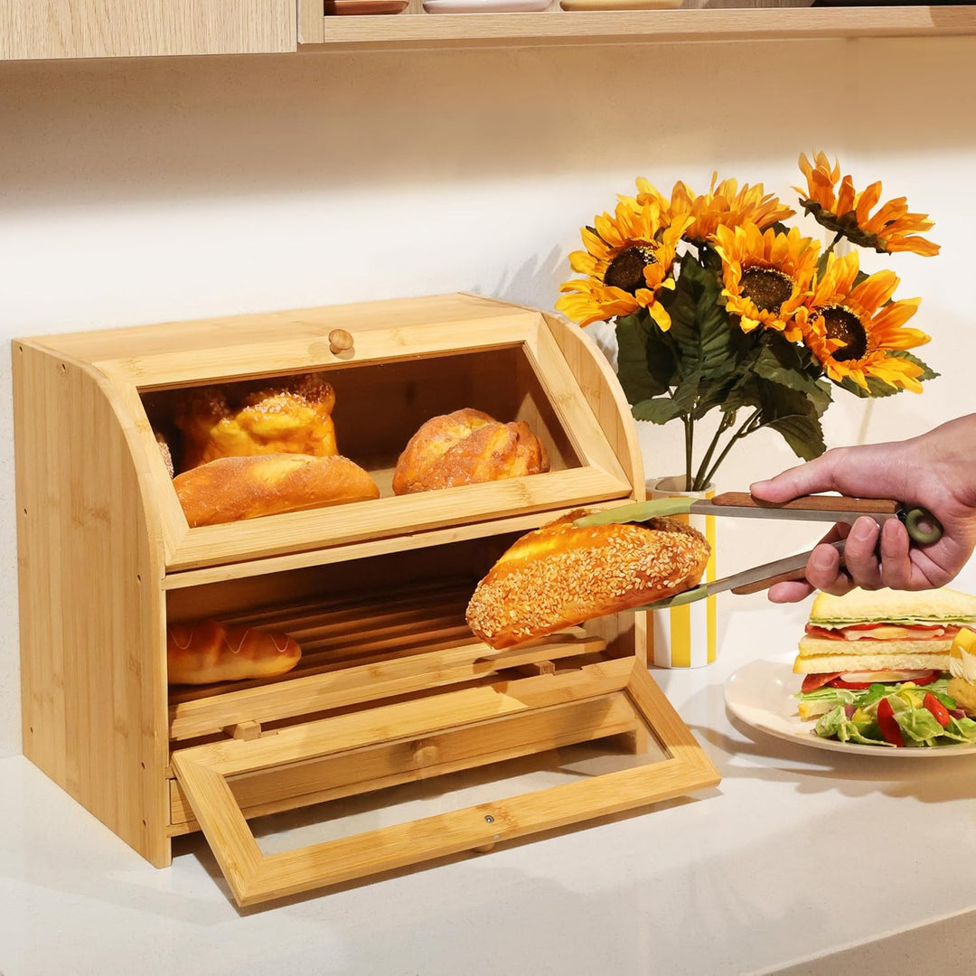 Ribelli Bambus Brotkasten mit 2 Etagen und Schublade, Grosser Brotbehälter mit Brotschneidebrett, Ho