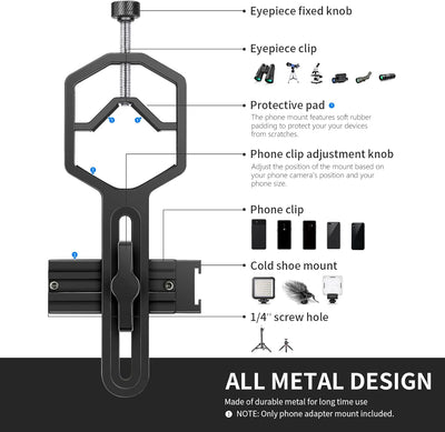 NEEWER Metall Teleskop Handyhalterung, 2,09"-3,54" Universal Handyhalterung für Spektiv Teleskop Mik