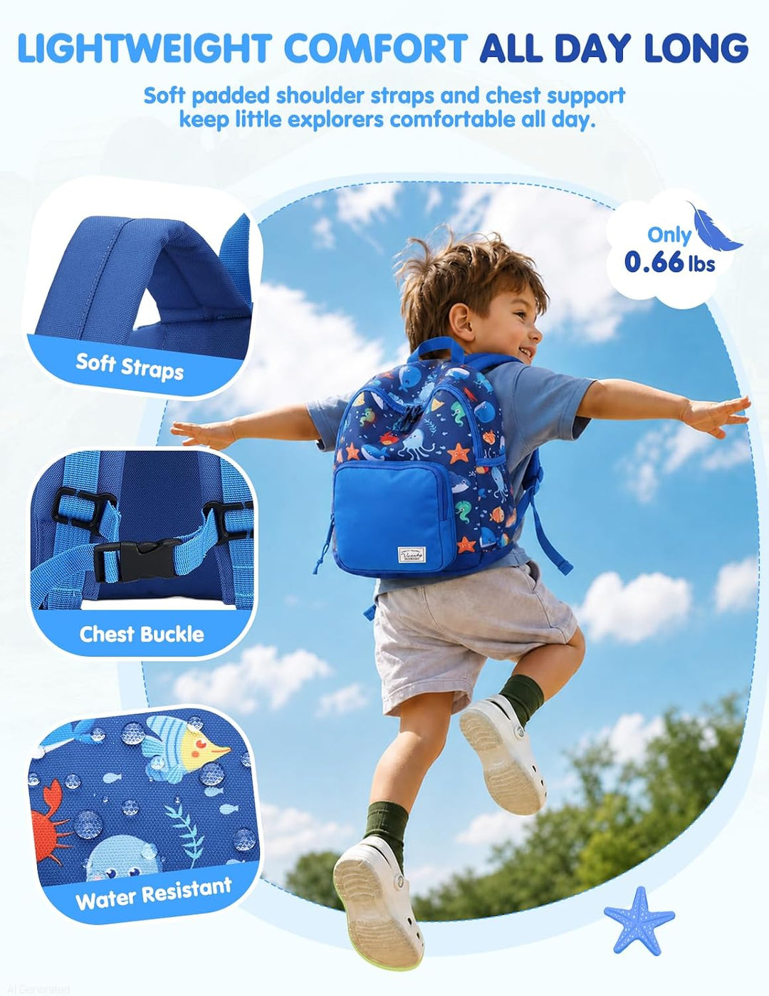 VASCHY Kinderrucksack, leicht, Schulranzen, Mädchen, Jungen, Grundschule, Kindergarten, 4 – 6 Jahre,