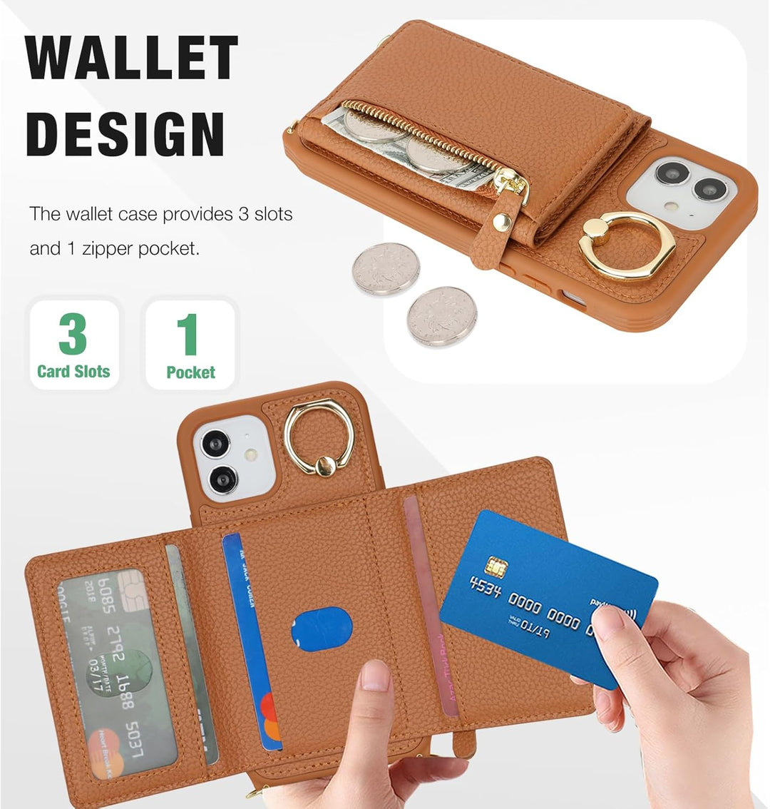 ELTEKER Handyhülle für iPhone 12 Mini Hülle mit Band Kartenfach Handykette Ringhalterung Geldbörse,L