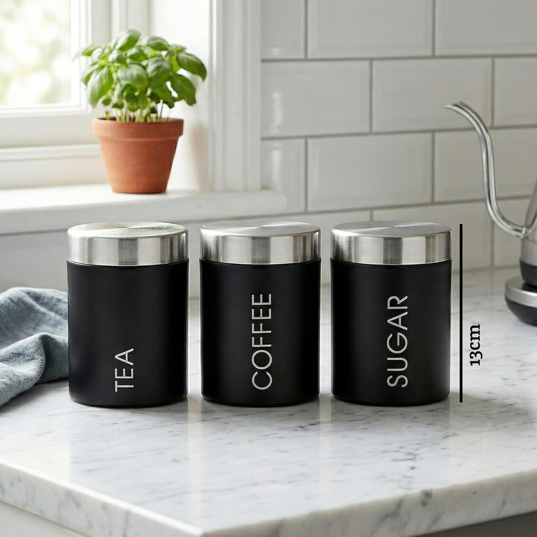Premier Housewares Tea, Coffee and Sugar Set, Black Enamel, Satin Rostfreier Stahl Lids Liberty Beh&