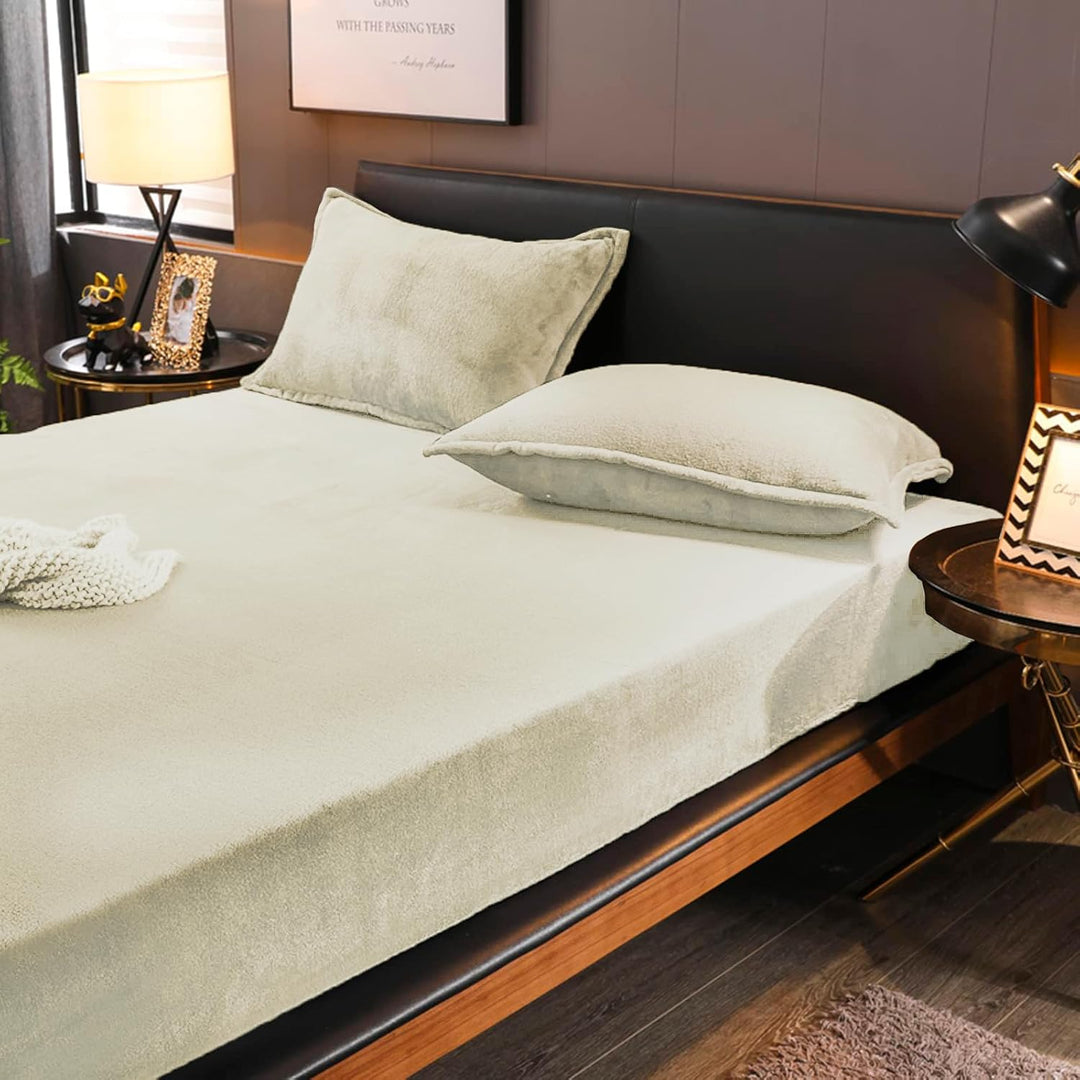 Boqingzhu Flauschige Plüsch Spannbettlaken 140x200cm Beige Weiss Winter Warm Flanell Fleece Biber Sa