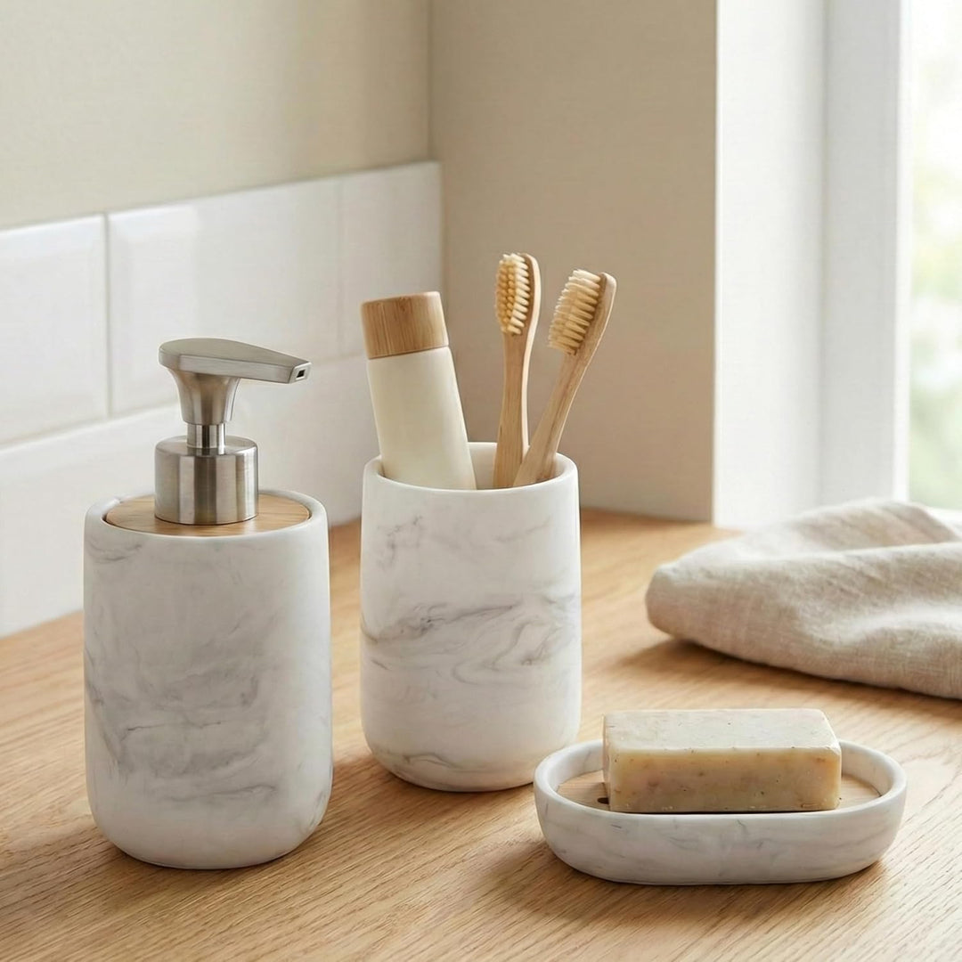 Badezimmer Set 3-teilig - Seifenspender mit Pumpe aus Zinklegierung, Zahnputzbecher und Seifenschale