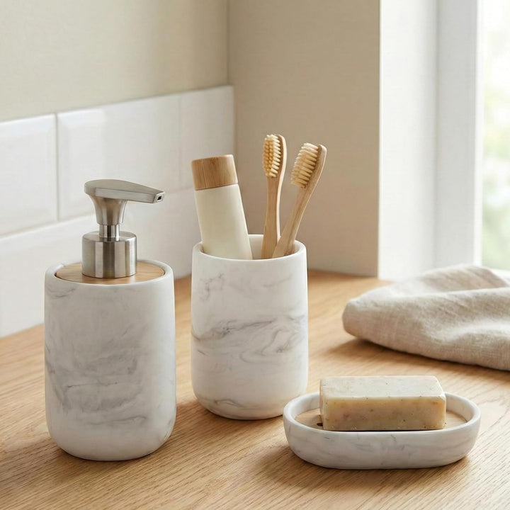Badezimmer Set 3-teilig - Seifenspender mit Pumpe aus Zinklegierung, Zahnputzbecher und Seifenschale