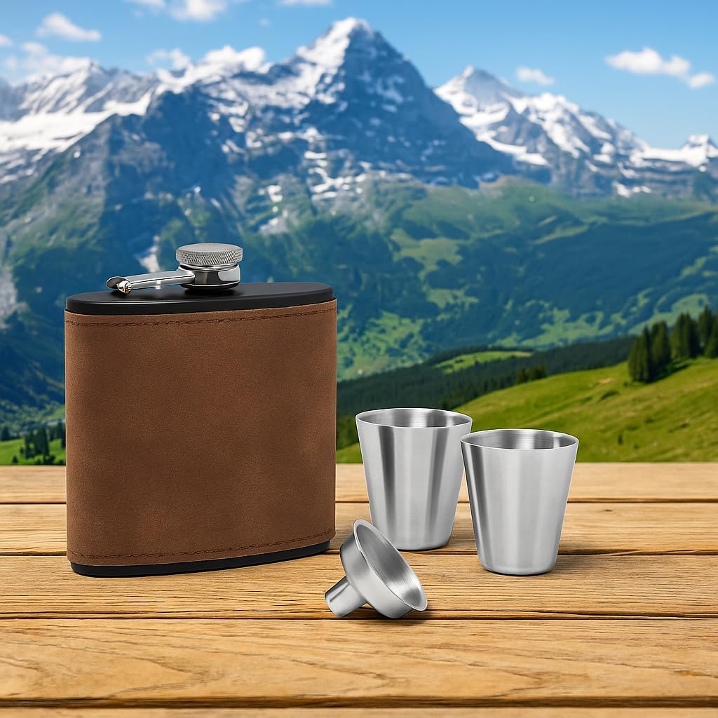 Flachmann-Set, Wild-Leder Optik, 175ml + 2 Schnaps-Becher, Trichter in Geschenk-Box