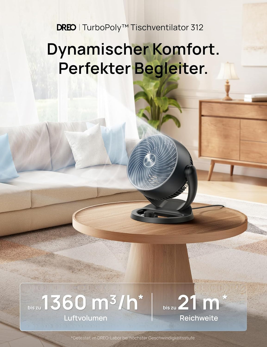 Dreo 28dB leiser Tischventilator, 30cm hoher Ventilator mit Kühlung, 3 Geschwindigkeiten 21m Luftstr