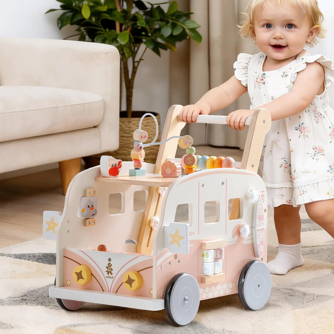 ROBUD Baby Lauflernhilfe Holz, Interaktiver Lauflernwagen, Einstellbare Geschwindigkeit & Höhe Baby