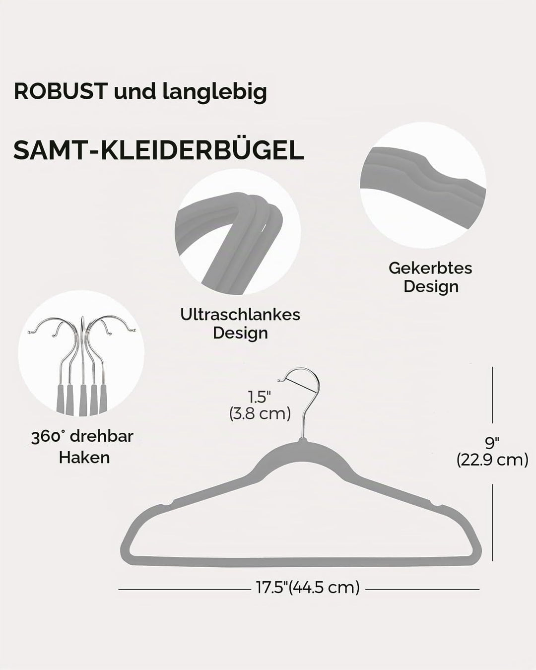 HOUSE DAY Grau Kleiderbügel 300 Stück, Samt Kleiderbügel Rutschfester Filz Bügel -Platzsparende, Pre