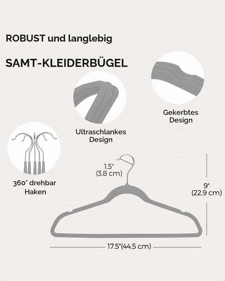 HOUSE DAY Grau Kleiderbügel 300 Stück, Samt Kleiderbügel Rutschfester Filz Bügel -Platzsparende, Pre