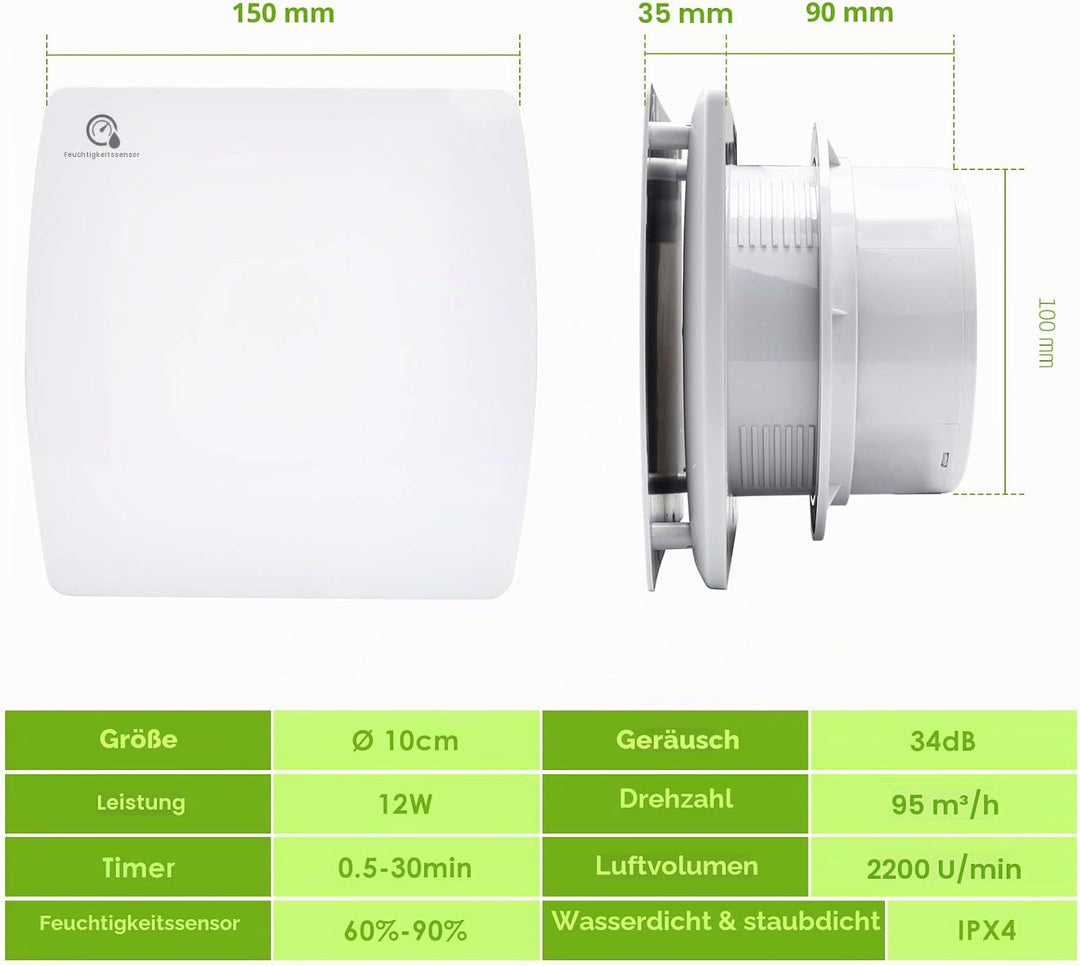 Randaco Badlüfter 100mm mit Feuchtigkeitssensor und Rückstauklappe timer｜Bad Lüfter Abluftventilator
