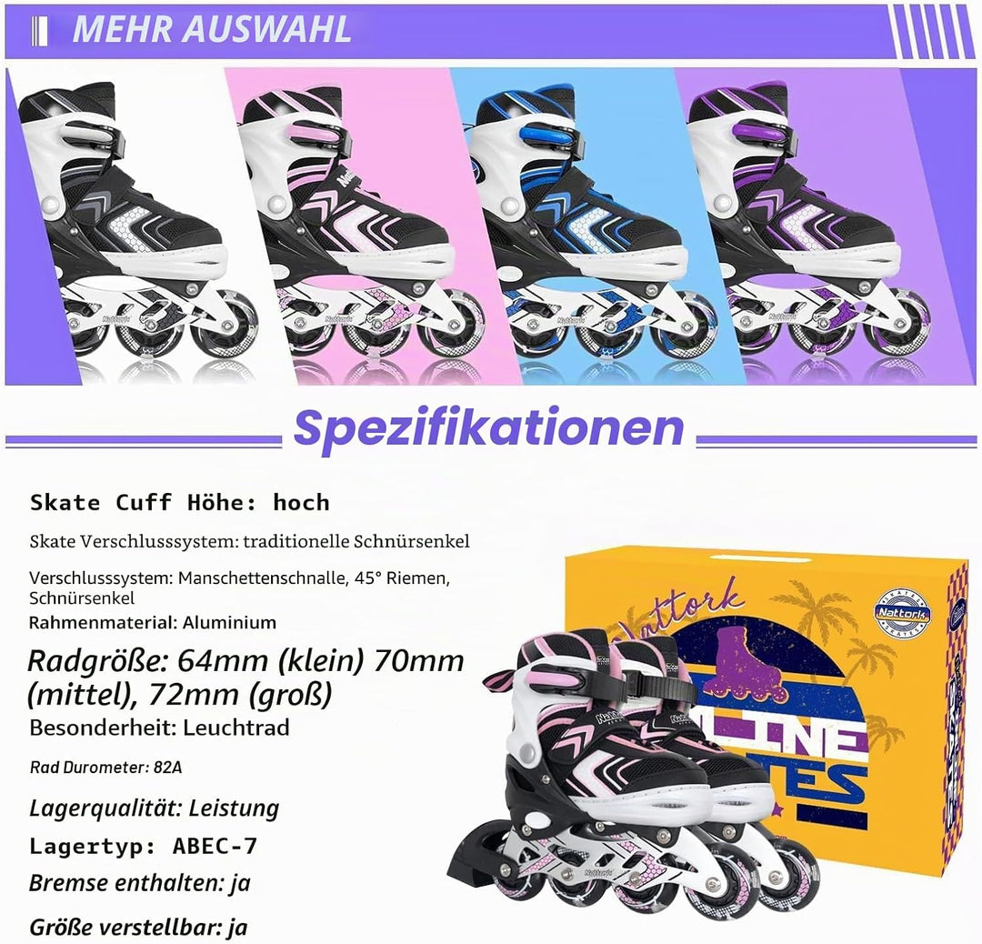 Nattork Inliner für Kinder Verstellbare Inline Skates, 4 Grössen Kinder Inline Roller Skates mit Bel