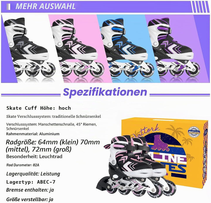 Nattork Inliner für Kinder Verstellbare Inline Skates, 4 Grössen Kinder Inline Roller Skates mit Bel