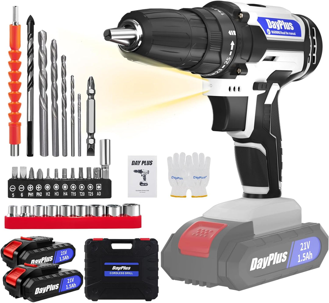 21V Akku Bohrschrauber Set,Weiss Akkuschrauber Set mit 2 * 1500mAh Akku,Akkubohrer 45Nm Drehmoment，2