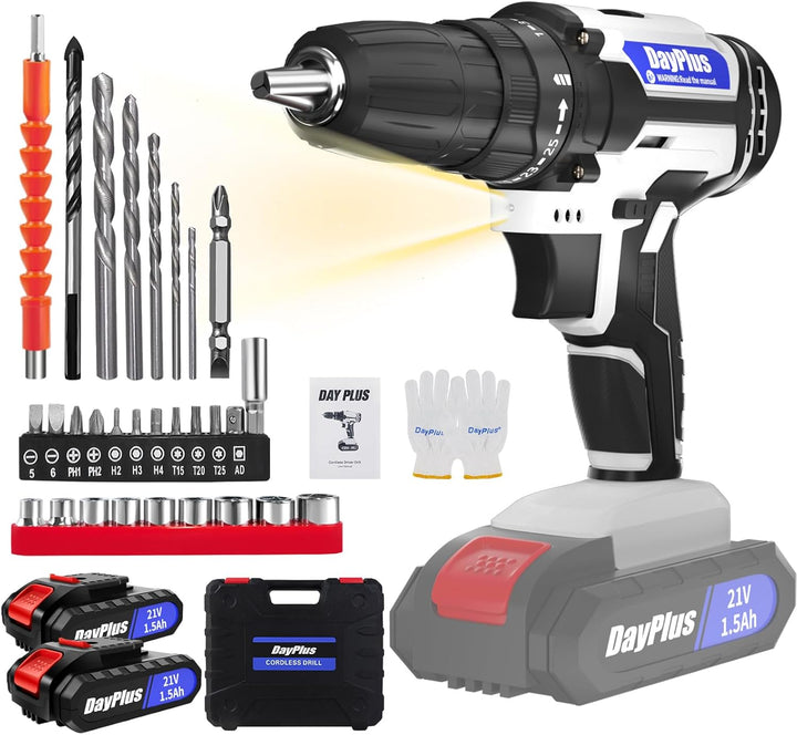 21V Akku Bohrschrauber Set,Weiss Akkuschrauber Set mit 2 * 1500mAh Akku,Akkubohrer 45Nm Drehmoment，2