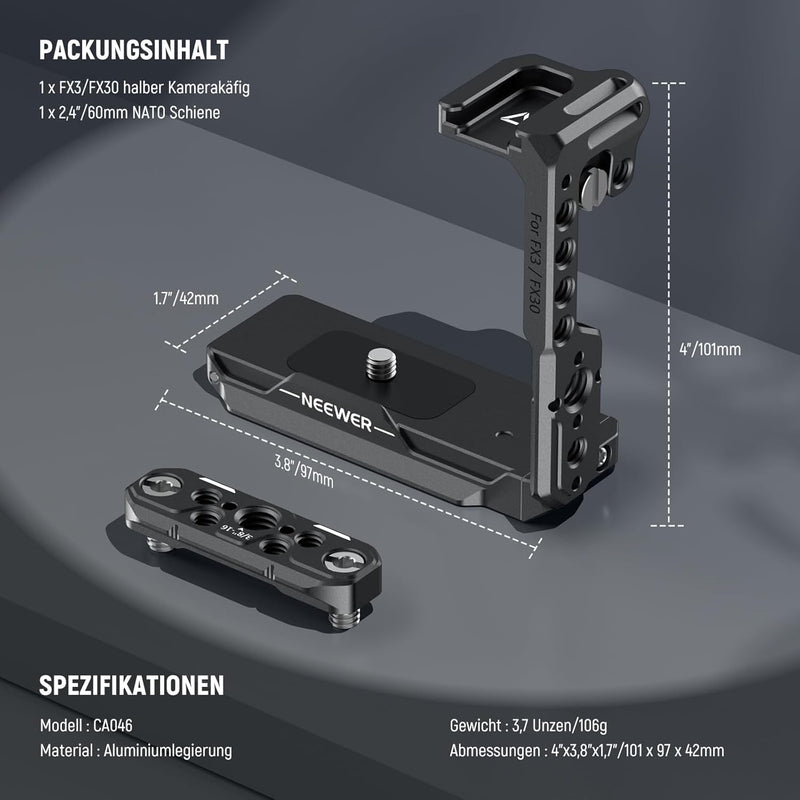 NEEWER FX3 FX30 Halbkäfig für Sony FX3 FX30 Kamera, AluminiumVideo Rig mit NATO Schiene, 3/8" ARRI,