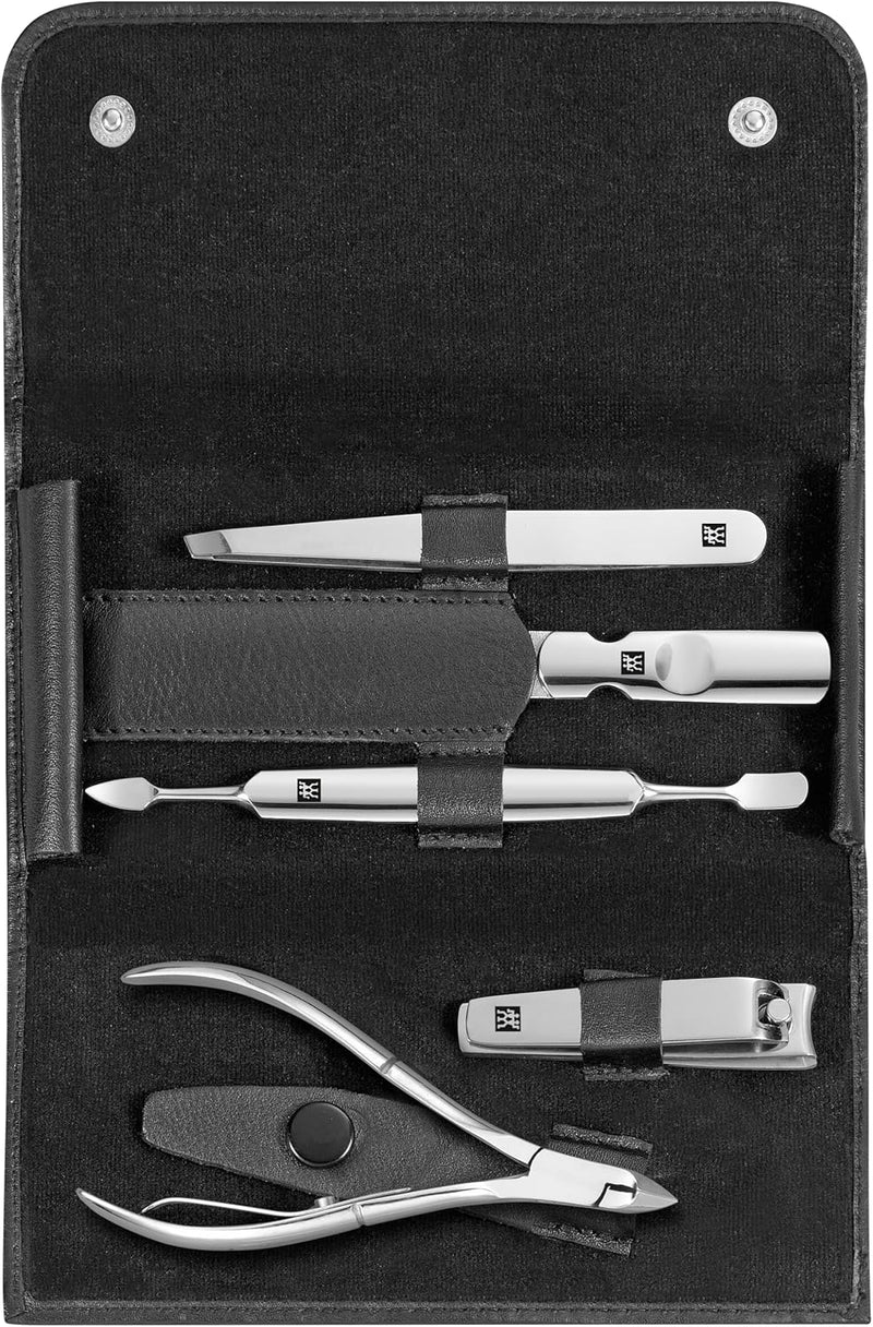 ZWILLING Maniküre Set 5-teilig mit Rindleder Etui, Professionelle Pflege für Hände und Füsse, Schwar