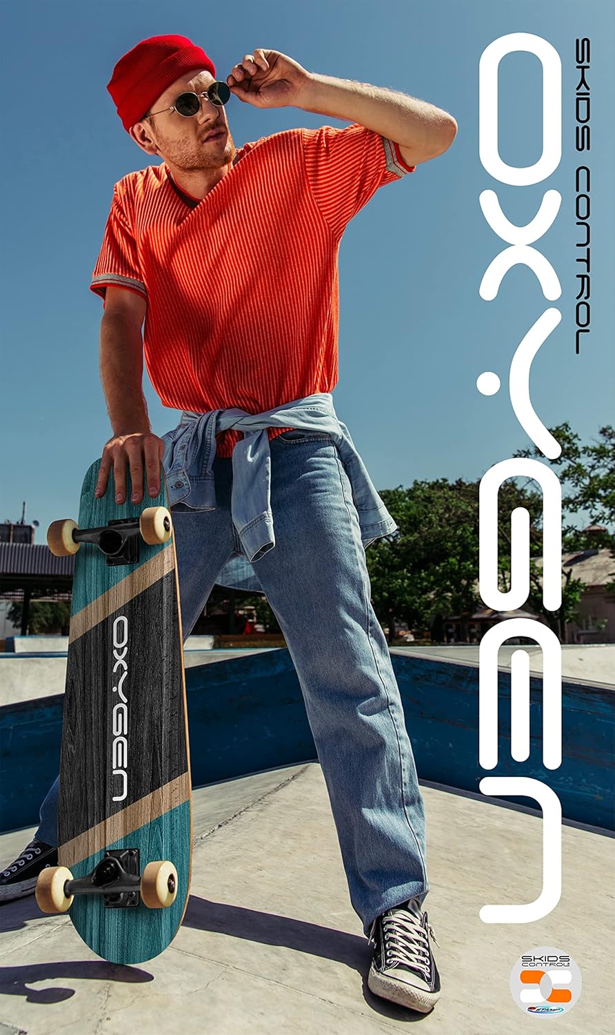 Skateboard Cruiser 27,5" x 8" SKIDS Control Oxygen, 70CM X 20CM, Blue-Black-Wood
