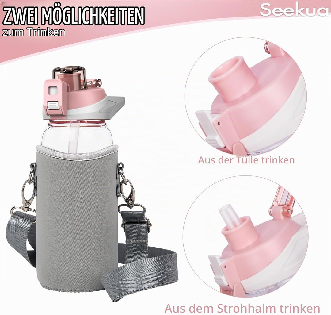 Seekua 0.6l Sport Trinkflasche Glas Flasche mit Strohhalm &amp; Zeitmarkierung für Kinder, Schule 600ml