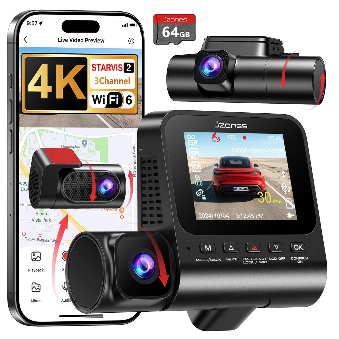 3-Kanal Dashcam Auto Vorne Hinten und Innen mit STARVIS 2 Nachtsicht und HDR, 4k Dashcam Auto APP-St