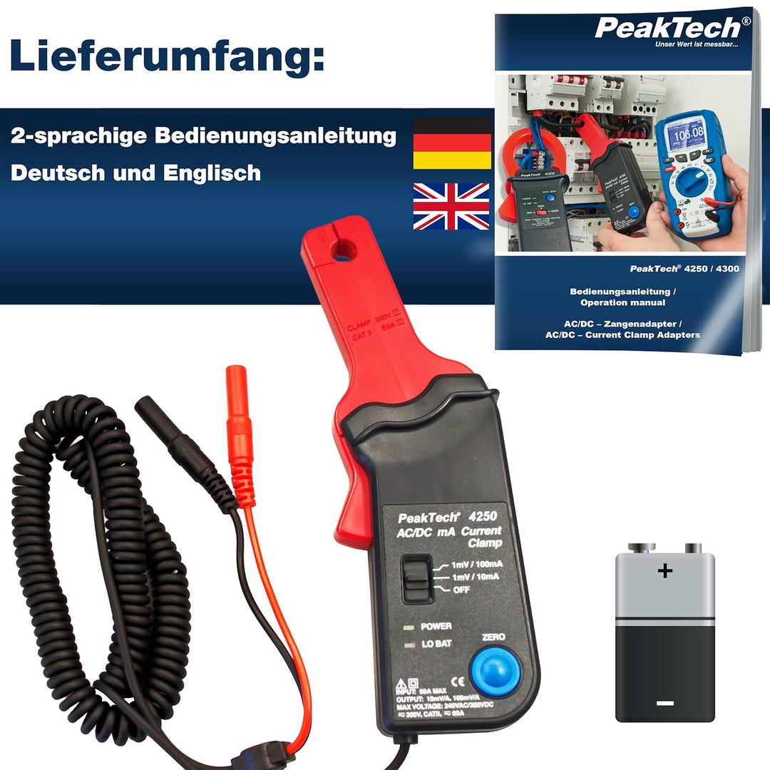 PeakTech P 4250 4250 - Stromzangen-Adapter für Multimeter bis zu 60 in AC/DC mit 4 mm Steckern, Null