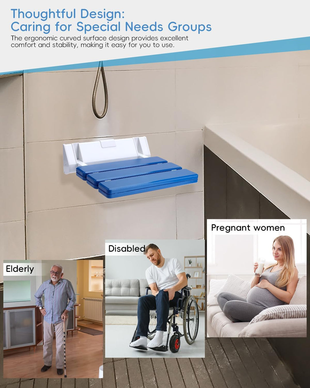 FreeTec Duschklappsitz Duschsitz Klappbar Wandmontage Belastbar bis 130kg Tragkraft Zusammenklappbar